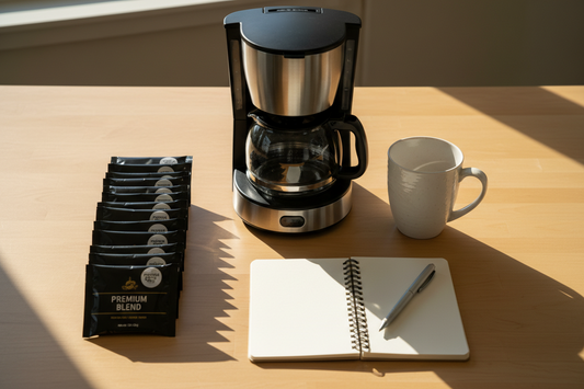 Office coffee station with bulk frac packs and a drip coffee maker set up for fall 2026