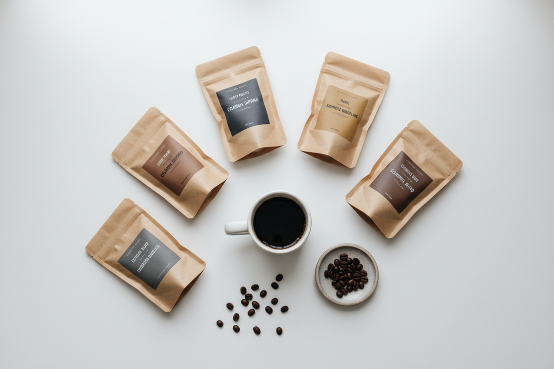 Assorted coffee sampler set with multiple roast varieties laid out on a white desk with a ceramic mug and scattered coffee beans