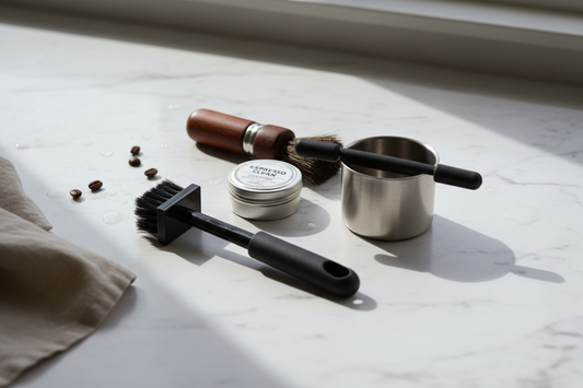 Espresso machine cleaning tools laid out on marble — tablets, brushes, and knock box for home barista maintenance