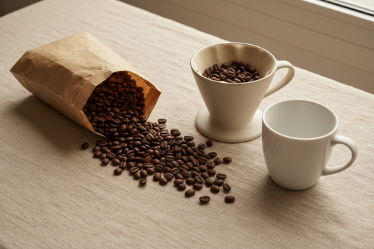 Specialty decaf coffee beans with pour over dripper and ceramic mug on linen background