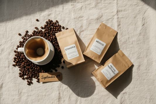 Single origin coffee sampler bags arranged with a pour-over dripper for National Coffee Day 2026