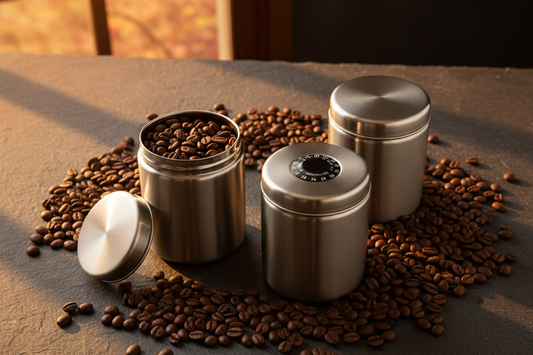Three stainless steel vacuum coffee canisters with whole coffee beans on a dark slate surface in warm autumn light