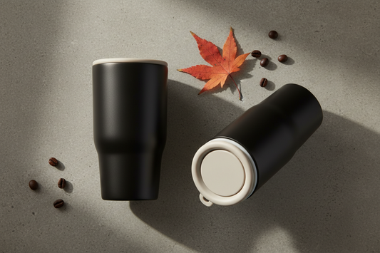 Two matte black insulated stainless steel travel mugs with ceramic lids on a concrete surface with coffee beans and an autumn leaf