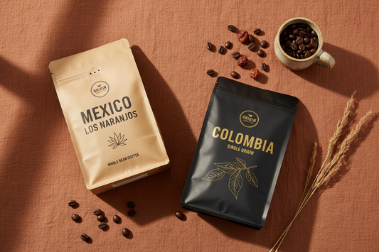 Latin American single origin coffee bags from Mexico and Colombia displayed for Hispanic Heritage Month 2026