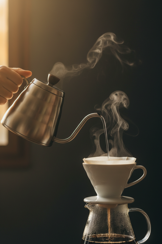 Gooseneck kettle pouring hot water into a white ceramic pour over dripper with steam rising against a dark background