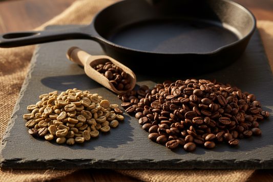 Green unroasted coffee beans alongside freshly home-roasted brown coffee beans on a dark slate surface with a cast iron skillet in the background