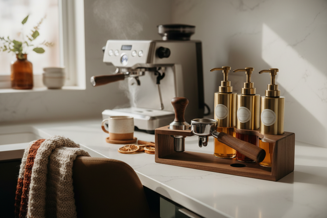 A styled home espresso bar in fall — walnut organizer station, gold syrup pumps, warm lighting