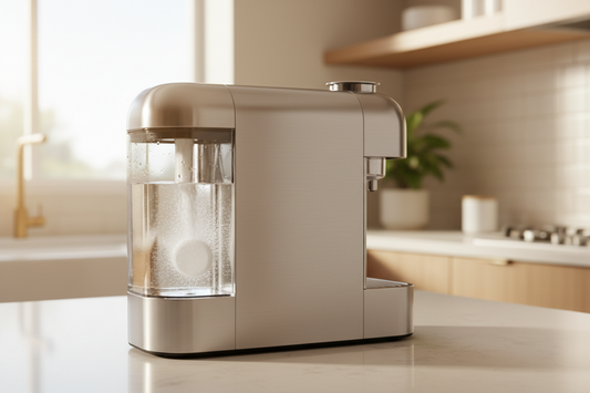 Home espresso machine being descaled with a cleaning tablet dissolved in water reservoir, clean kitchen counter