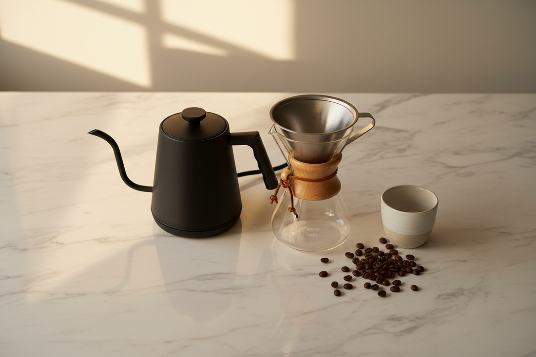 Home barista pour over coffee brewing setup with Chemex, gooseneck kettle, and stainless steel filter on marble surface
