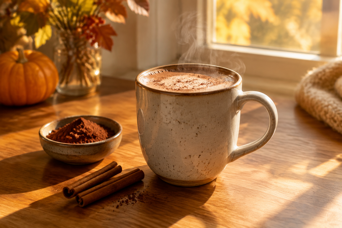Steaming hot chocolate with light milk foam on a cozy October home café counter.