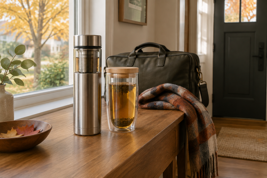 Steel and glass tea infuser tumblers packed for a fall morning commute
