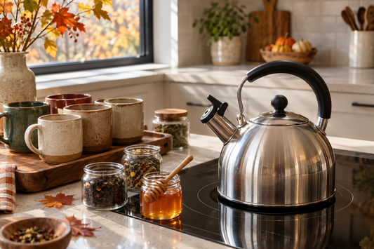 Stainless steel tea kettle beside four mugs at a fall tea station