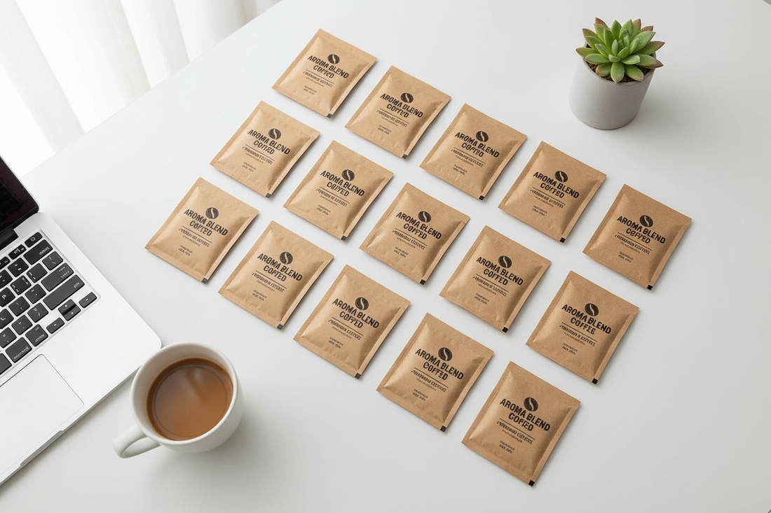 Pre-measured coffee packets arranged on a white office desk with a ceramic mug and laptop, ready for the workday