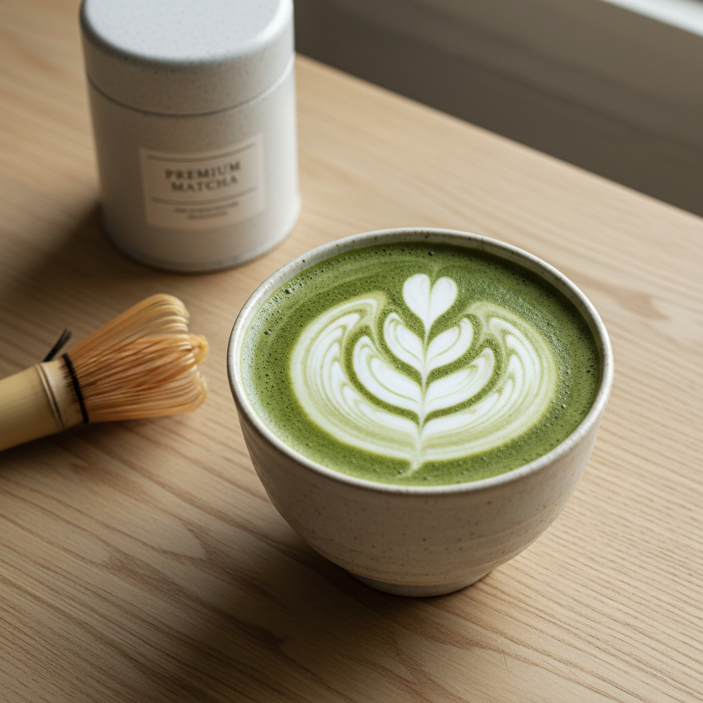 Ceremonial grade matcha latte in a ceramic cup with latte art, bamboo whisk, and matcha tin on a wooden surface