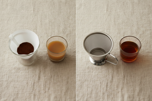 Side-by-side comparison of a paper coffee filter and a stainless steel reusable pour over filter with two glasses of brewed coffee showing different clarity levels
