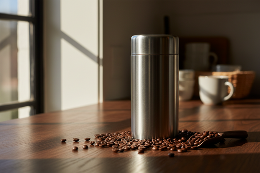 Stainless steel airtight vacuum coffee canister storing whole coffee beans on a home kitchen counter