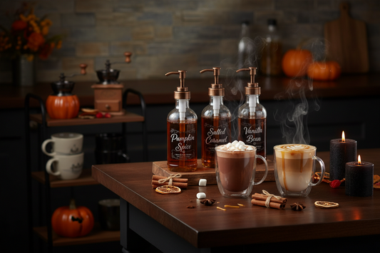 Alt Text: Halloween hot drink bar setup at home with glass syrup bottles, double-wall cups, and steaming lattes on a dark wooden counter