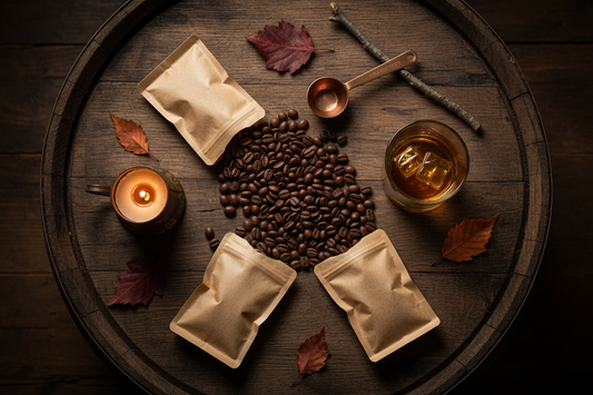 Barrel aged coffee gift set with four single origin varieties and a whiskey glass on a rustic oak surface