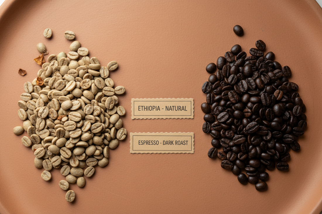 Light roast Ethiopian single origin beans and dark roast espresso blend beans displayed side by side on a ceramic surface