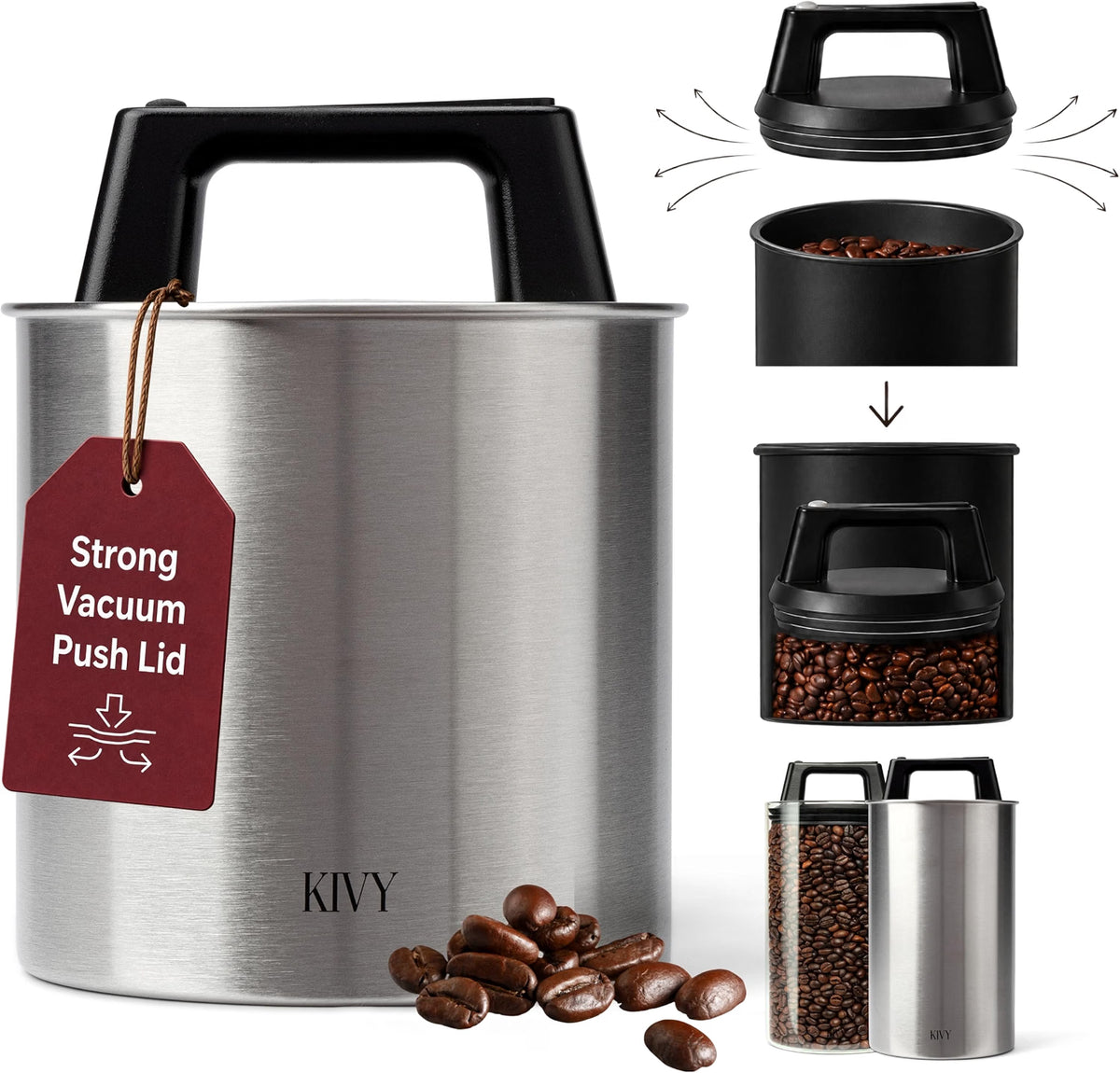 KIVY Airtight Vacuum Coffee Canister, Stainless Steel Coffee Storage Container