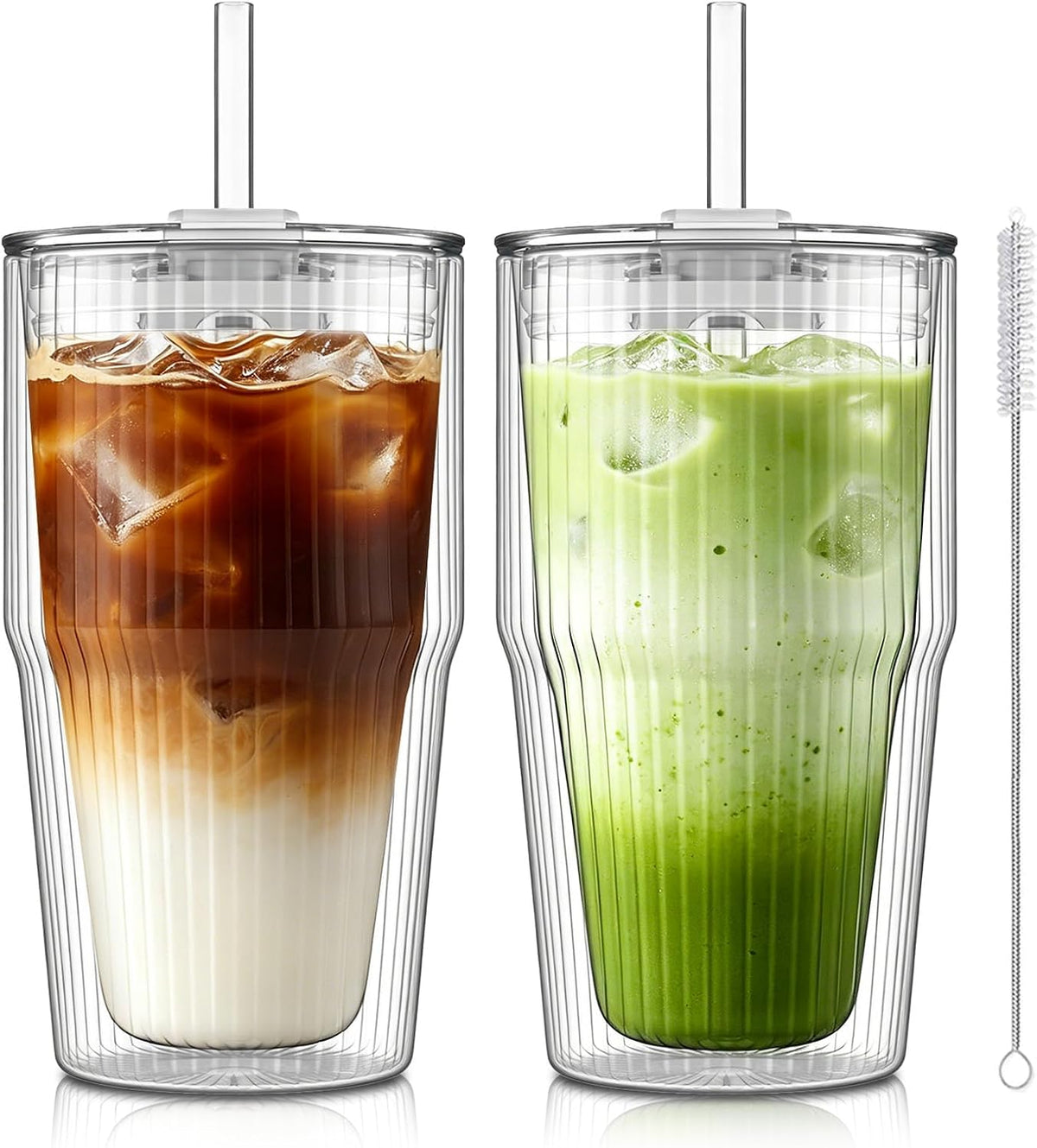 KEMORELA 16 oz Double-Wall Glass Tumblers with Lids & Straws, Set of 2