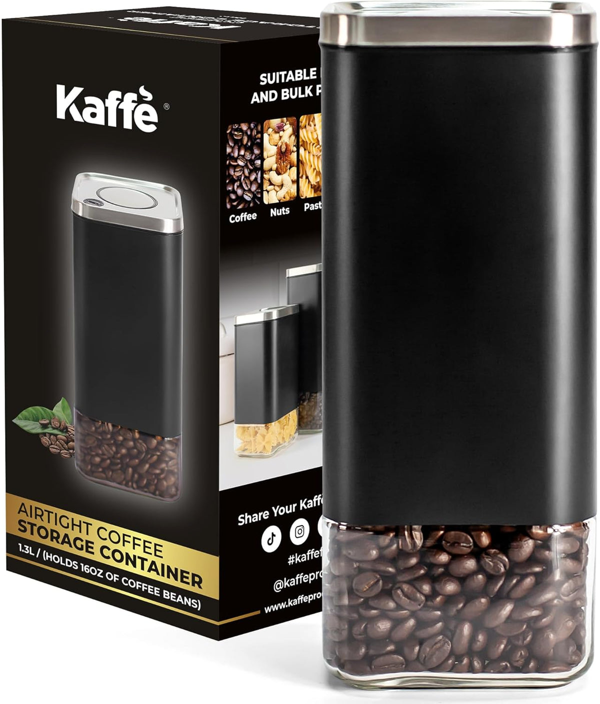 Kaffè 16 oz Square Airtight Glass Coffee Canister – Black & Silver