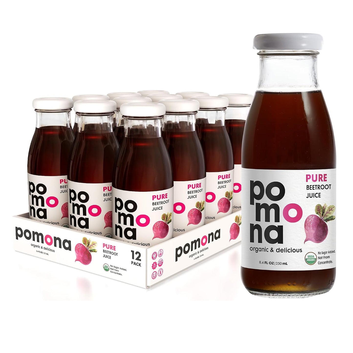 Pomona Organic Cold Pressed Beet Juice – No Sugar, Glass Bottles, 8.4 oz (12 Pack)