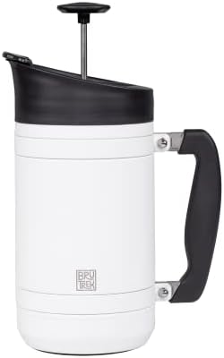 BruTrek Basecamp Coffee Press - Double Wall Vacuum Insulated Stainless Steel - Bru-Stop Technology, No Grounds in Coffee, No Spill Lid (Snowflake White, 32 fl.oz)