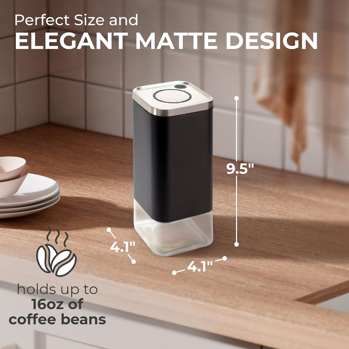 Kaffè 16 oz Square Airtight Glass Coffee Canister – Black & Silver