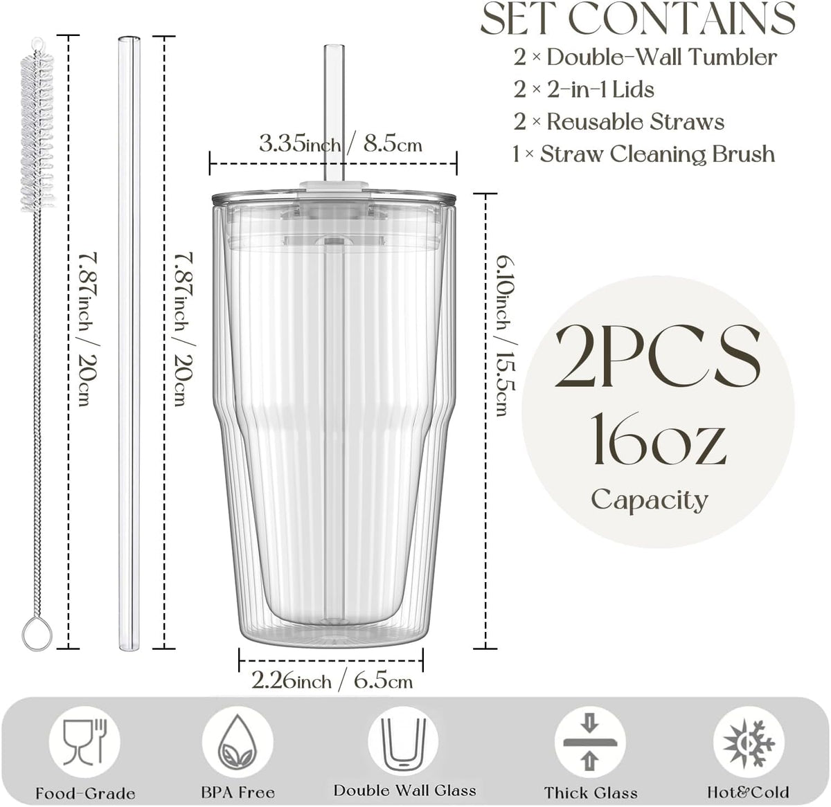 KEMORELA 16 oz Double-Wall Glass Tumblers with Lids & Straws, Set of 2