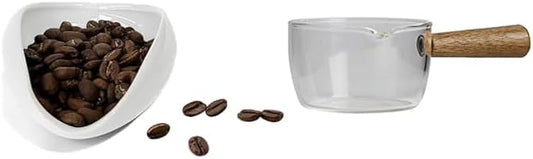 HSHQING White Coffee Bean Dosing Cup - 100ML Mini Espresso Cup with Wooden Handles, Thickened Glass, Ceramic Dosing Vessel, Coffee Bar Accessories
