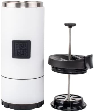 BruTrek OVRLNDR Travel Coffee French Press, 24 fl.oz Capacity, Double Wall Vacuum Insulated, Easy To Clean Removable Bottom, No Spill Lid, On The Go Coffee Brewing (Snowflake White)