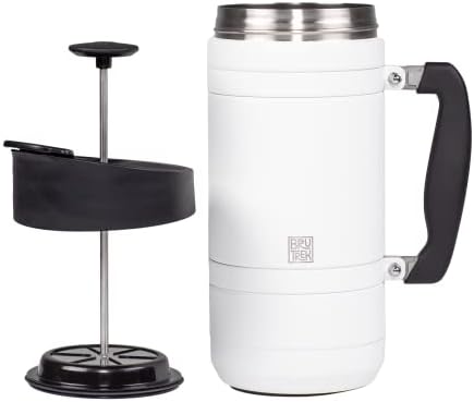 BruTrek Basecamp Coffee Press - Double Wall Vacuum Insulated Stainless Steel - Bru-Stop Technology, No Grounds in Coffee, No Spill Lid (Snowflake White, 48 fl.oz)