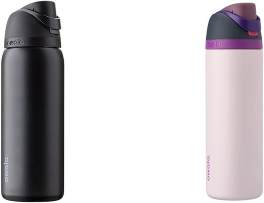 Owala FreeSip 32 Oz Very Dark and 24 Oz Dreamy Field Insulated Water Bottles with Straw and Push Button Lid