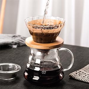 Gute Glass Coffee Dripper/Filter - Cone Glass Pour Over Coffee Dripper with Bamboo Stand, 1-4 Cups Drip Coffee Maker Funnel Accessories for Home, Office