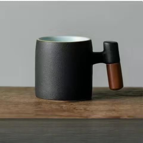 2-Oz Ceramic Espresso Cups with Wood Handle, 2/4-Piece Set for Coffee, Tea, Latte - Dishwasher Safe, Multi-Color & Wood Styles, Gift & Café Use (balck, Wooden Handle2)