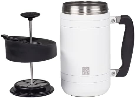 BruTrek Basecamp Coffee Press - Double Wall Vacuum Insulated Stainless Steel - Bru-Stop Technology, No Grounds in Coffee, No Spill Lid (Snowflake White, 32 fl.oz)