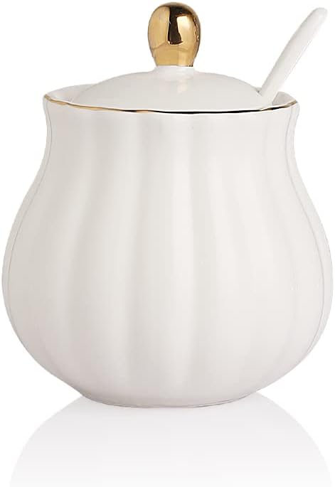 Sweejar Royal Ceramic Sugar Bowl, 12 Ounce Sugar Container with Spoon and Lid, Porcelain Salt Bowl Salt Container, Sugar Holder for Coffee Bar, Home and Kitchen(White)