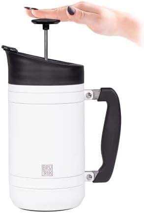 BruTrek Basecamp Coffee Press - Double Wall Vacuum Insulated Stainless Steel - Bru-Stop Technology, No Grounds in Coffee, No Spill Lid (Snowflake White, 32 fl.oz)
