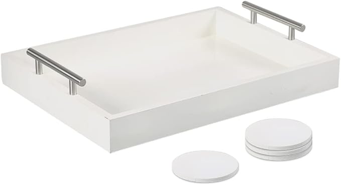 Serving Tray 16.5“X 13“ Deluxe Wooden Ottoman Tray,Coffee Table with Polished Silver Metal Handles-4 Round Coasters Included, White