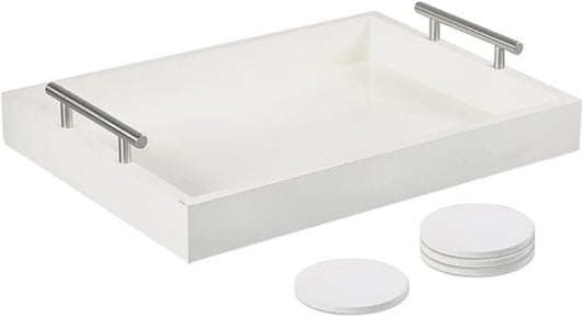 Serving Tray 16.5“X 13“ Deluxe Wooden Ottoman Tray,Coffee Table with Polished Silver Metal Handles-4 Round Coasters Included, White