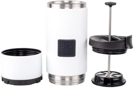 BruTrek OVRLNDR Travel Coffee French Press, 24 fl.oz Capacity, Double Wall Vacuum Insulated, Easy To Clean Removable Bottom, No Spill Lid, On The Go Coffee Brewing (Snowflake White)