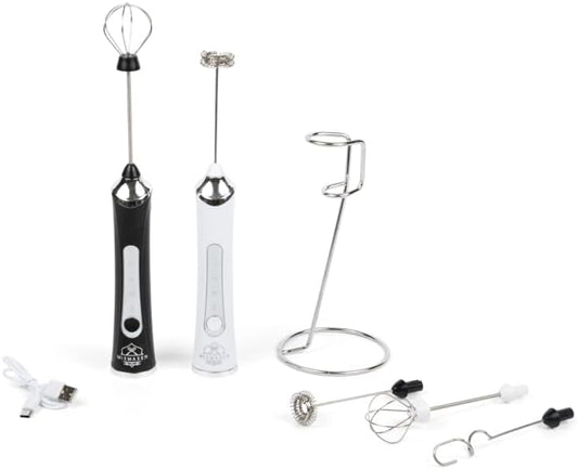 Handheld Frother Electric Whisk, Milk Foamer, Mini Blender and Electric Mixer, 3 Heads 3 Speed Adjustable, Rechargeable Hand Mixer Wand for Latte, Egg Beater, Powder Mixer, With Stand (300, White)