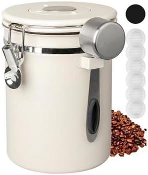 1.8L Coffee Canister Airtight, 26oz Coffee Storage Container Stainless Steel Air Tight Coffee Jar with Scoop, Date Tracker, 2 Extra CO2 Release Valve for Beans Ground Tea Flour Sugar (White)