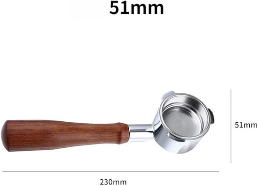 51mm Bottomless Portafilter with Wooden Handle, Stainless Steel Filter Basket, 9.1-inch Length,3 Ears Espresso Handle, Suitable for various coffee machines