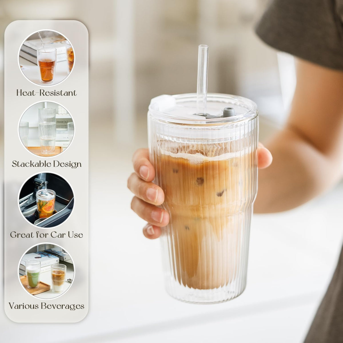 KEMORELA 16 oz Double-Wall Glass Tumblers with Lids & Straws, Set of 2