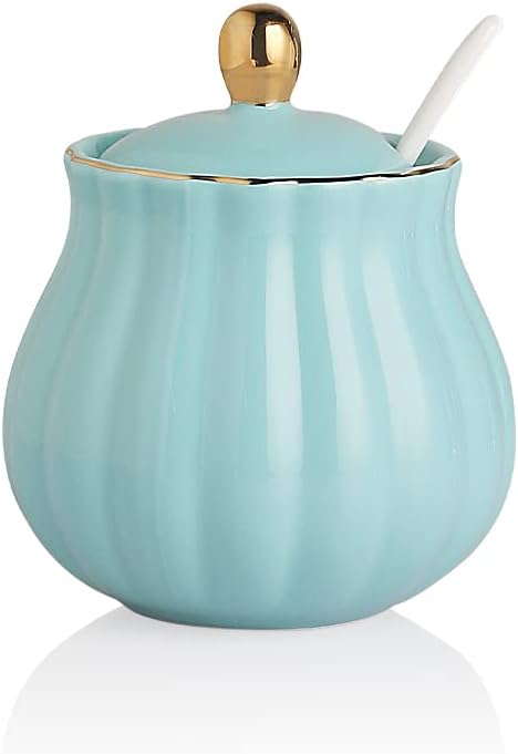 Sweejar Royal Ceramic Sugar Bowl, 12 Ounce Sugar Container with Spoon and Lid, Porcelain Salt Bowl Salt Container, Sugar Holder for Coffee Bar, Home and Kitchen(Turquoise)