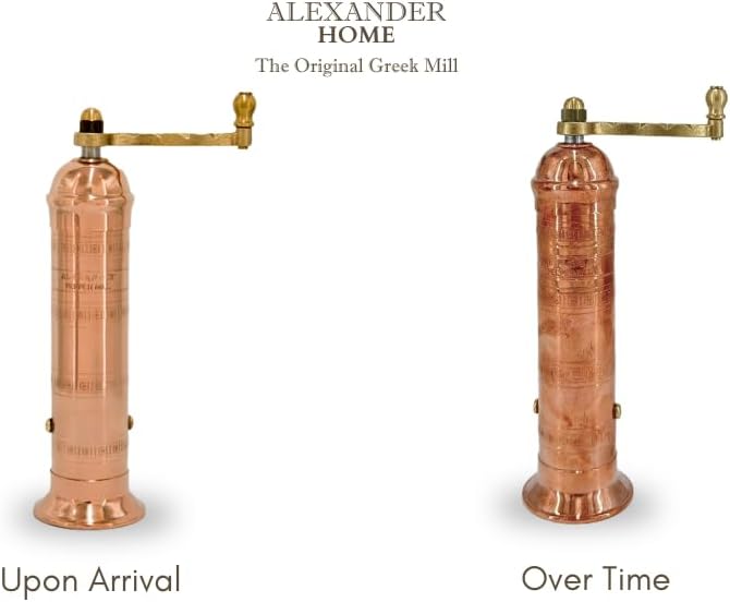 Original Greek Pepper Mill, 8-Inch Copper – European Manual Pepper Grinder, Refillable, with Polishing Cloth
