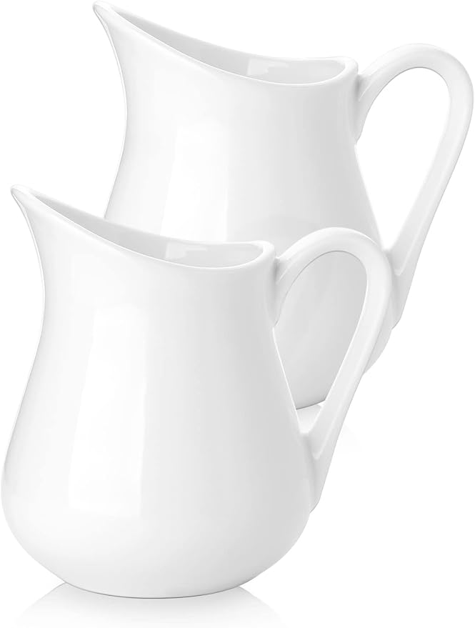 Nucookery 2 Pack 8 Oz White Creamer with Handle, Ceramic Small Creamer Pitcher Set of 2, Porcelain Small Milk Pitcher For Coffee Sauces Salad Milk, Microwave & Freezer Safe (8-Ounce, Set/2)