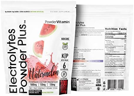 PowderVitamin Electrolytes Powder Plus (100 Servings) Watermelon Electrolyte Powder, Zero Calorie, Keto, 0 Sugar, No Maltodextrin,1000mg Potassium,120mg Calcium,120mg Magnesium, Energy Hydration Powde